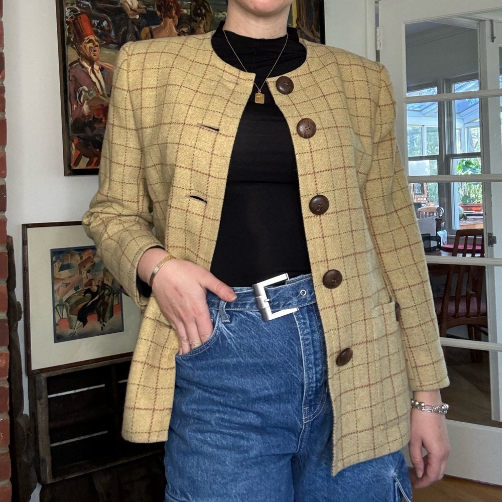 Yves Saint Laurent Beige Plaid Blazer and Skirt Set